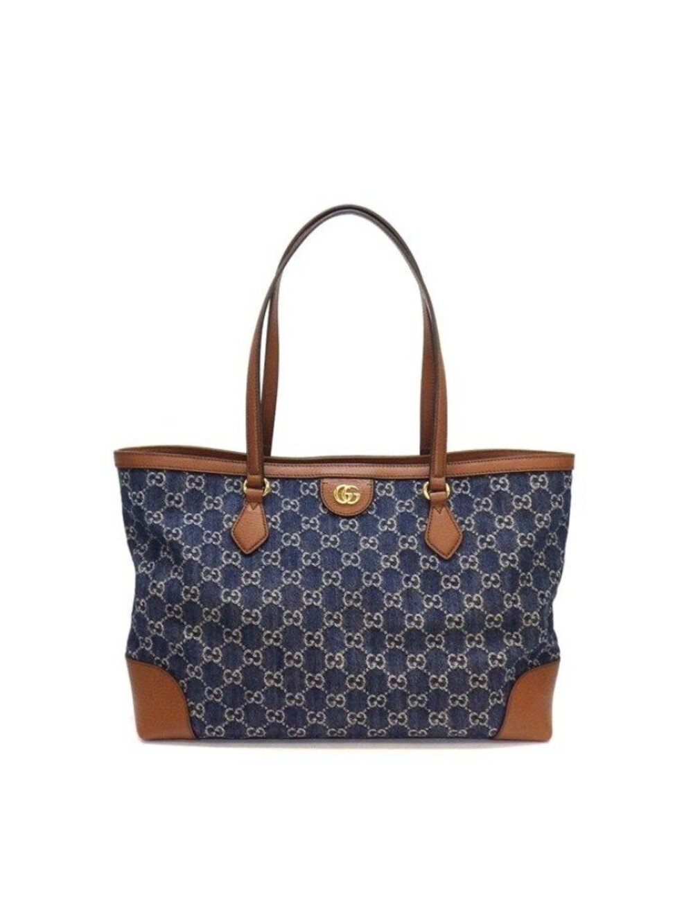 Gucci Tote Bag Ophidia Medium Blue GG Denim Brown Leather Gold